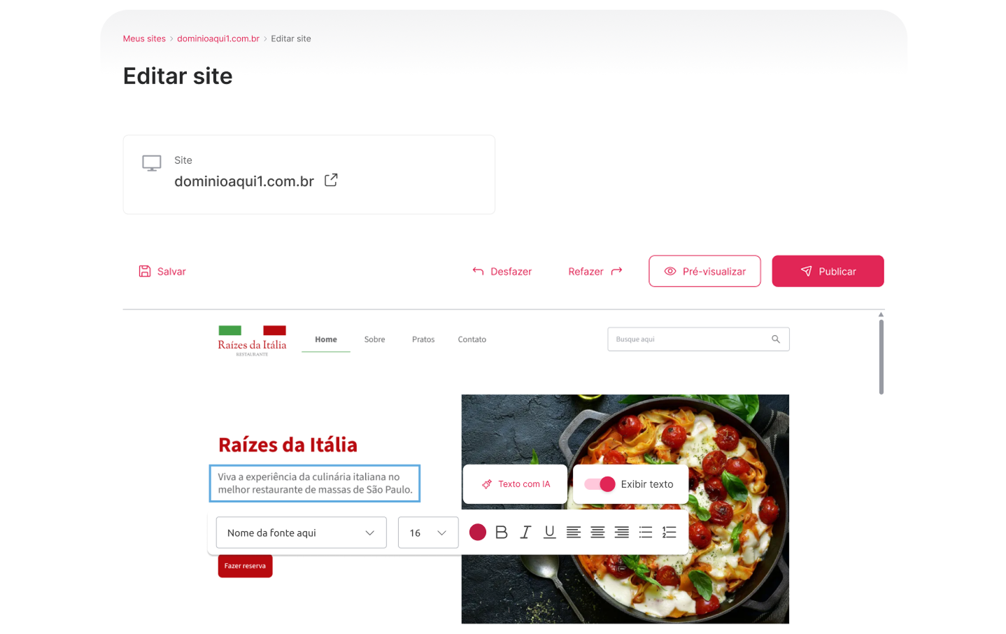 [Alt text: imagem do editor de páginas do Criador de Sites com IA.